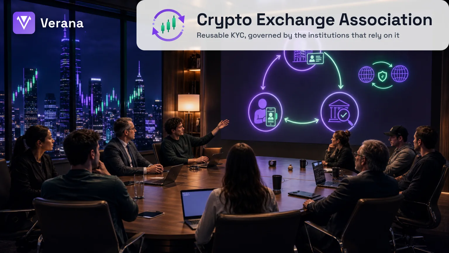 The Crypto Exchange Association (demo) boardroom, with the issuer-holder-verifier trust triangle on screen