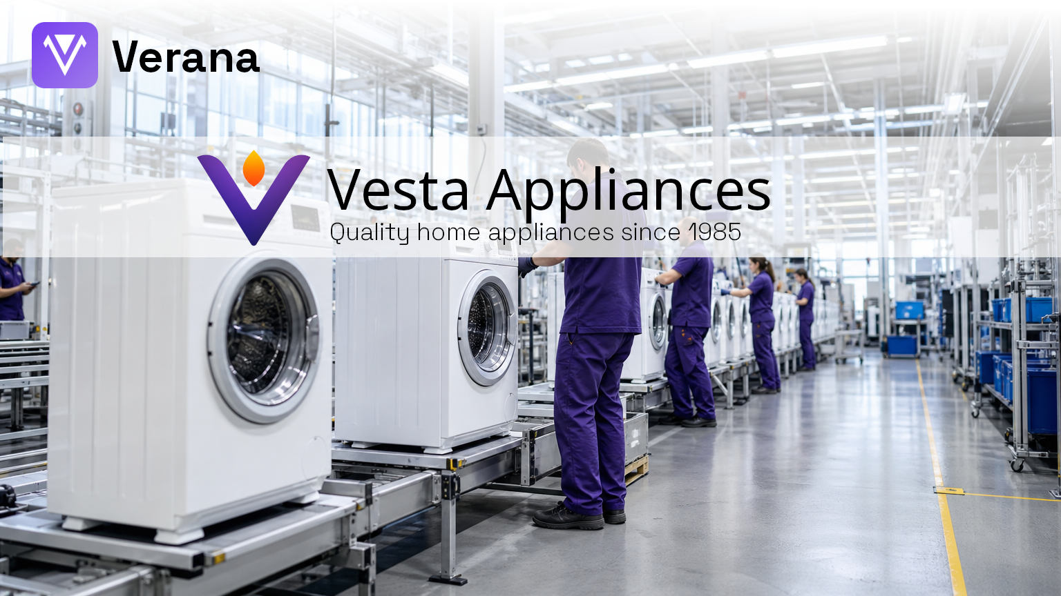 Vesta Appliances (demo) factory floor: workers in purple uniforms assembling washing machines