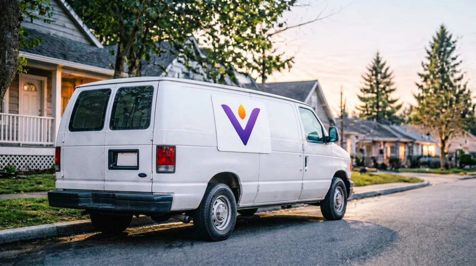 An impostor van with a printed Vesta panel on its door