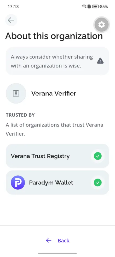 Verana trust card on a trusted verifier