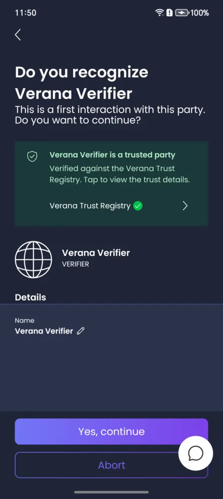 Contact created with the Verana trust card