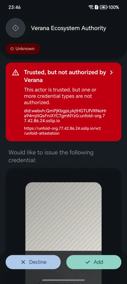 Verana warning before the accept action